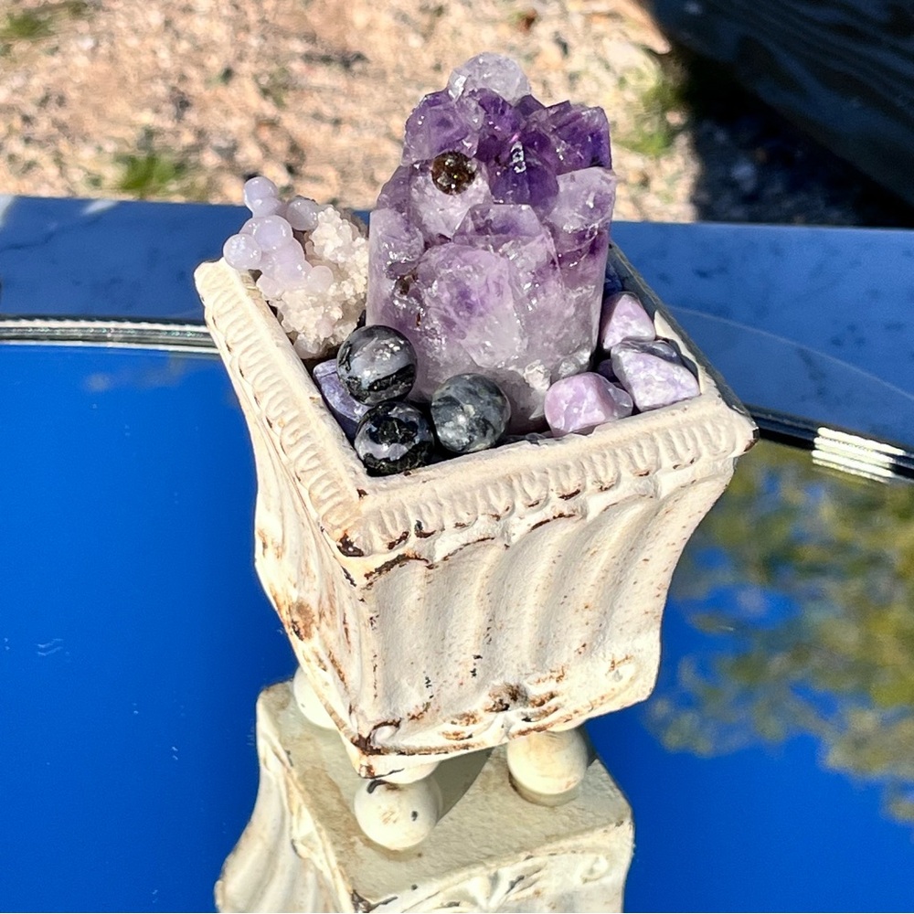 Amethyst Core, Grape Agate, Mini Spheres, Lepidolite Tumbles, Cast Iron Planter